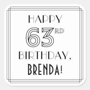 Pegatina Cuadrada FELIZ CUMPLEAÑOS 63, estilo Art Deco, nombre perso