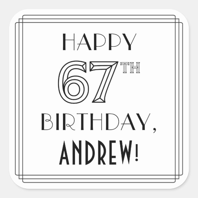 Pegatina Cuadrada FELIZ CUMPLEAÑOS 67, estilo Art Deco, nombre perso (Anverso)