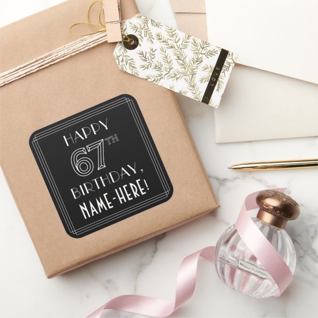 Pegatina Cuadrada FELIZ CUMPLEAÑOS 67; Estilo Art Deco; Nombre perso (Regalar)