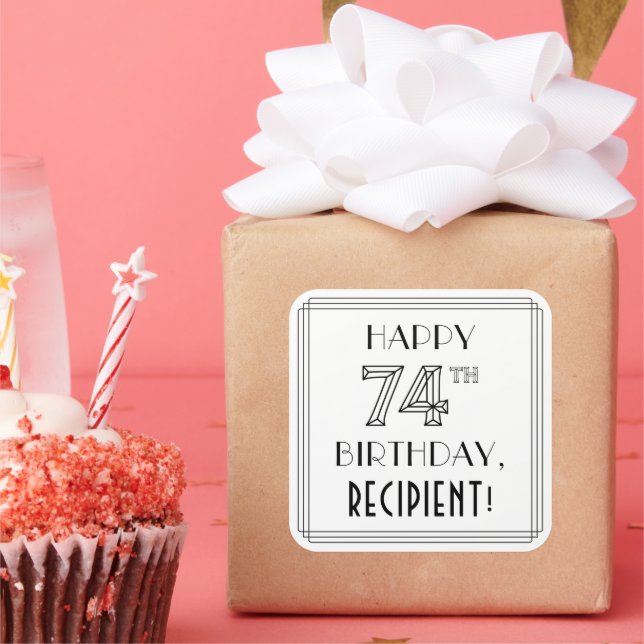 Pegatina Cuadrada FELIZ CUMPLEAÑOS 74, estilo Art Deco, nombre perso (Fiesta)