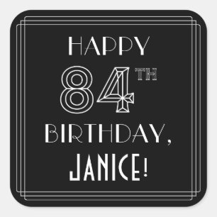 Pegatina Cuadrada FELIZ CUMPLEAÑOS 84; Estilo Art Deco; Nombre perso