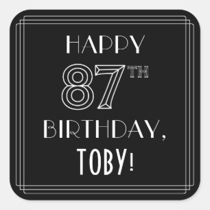 Pegatina Cuadrada FELIZ CUMPLEAÑOS 87; Estilo Art Deco; Nombre perso