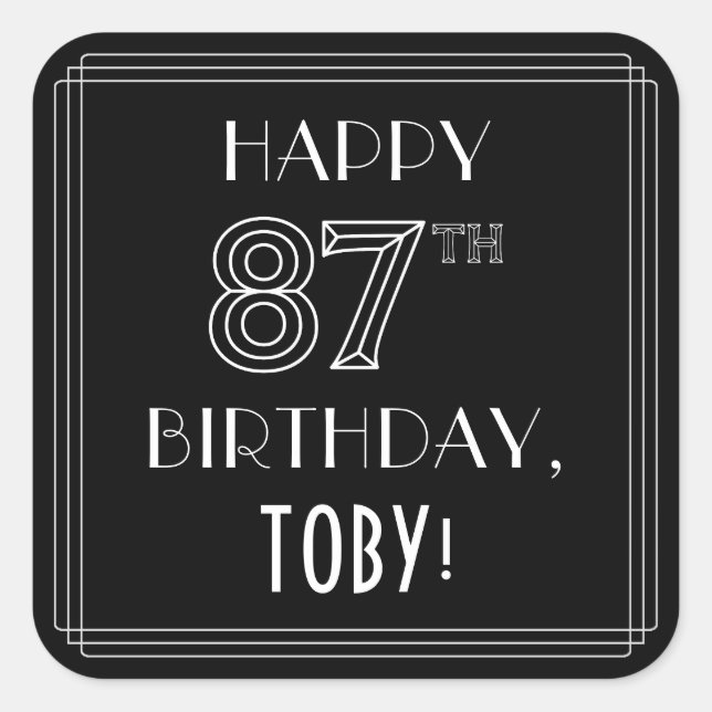 Pegatina Cuadrada FELIZ CUMPLEAÑOS 87; Estilo Art Deco; Nombre perso (Anverso)