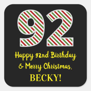 Pegatina Cuadrada Feliz cumpleaños 92 y Feliz Navidad, nombre person