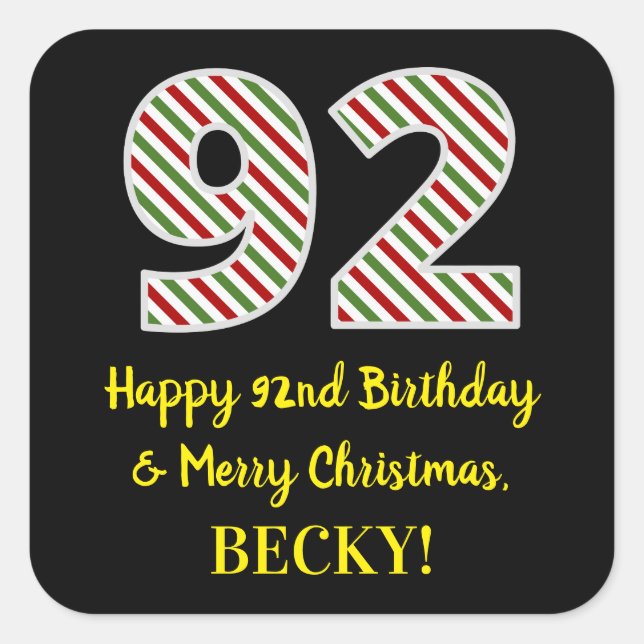 Pegatina Cuadrada Feliz cumpleaños 92 y Feliz Navidad, nombre person (Anverso)