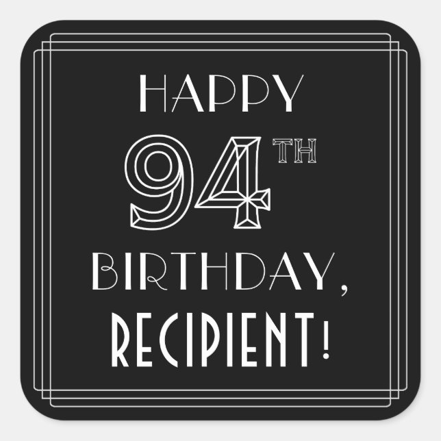 Pegatina Cuadrada FELIZ CUMPLEAÑOS 94; Estilo Art Deco; Nombre perso (Anverso)