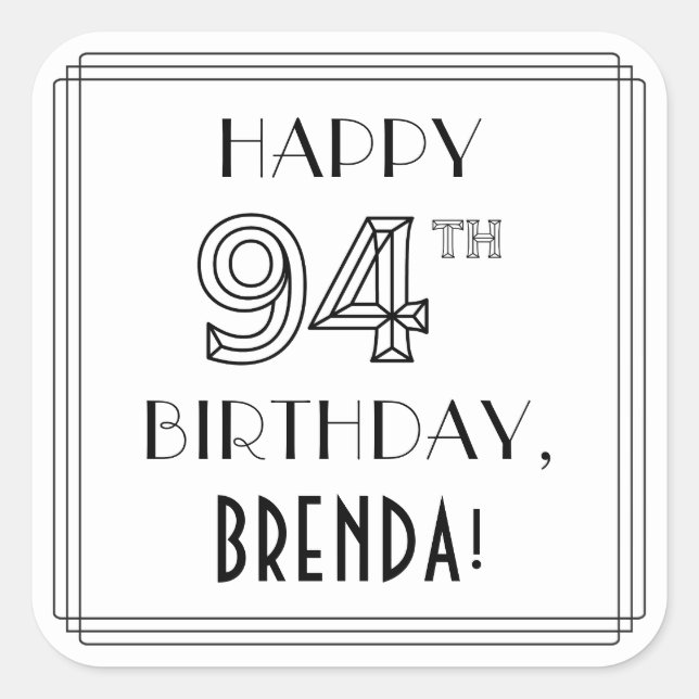 Pegatina Cuadrada FELIZ CUMPLEAÑOS 94, Estilo Art Deco, Nombre Perso (Anverso)