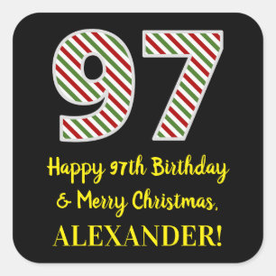 Pegatina Cuadrada Feliz cumpleaños 97 y Feliz Navidad, nombre person