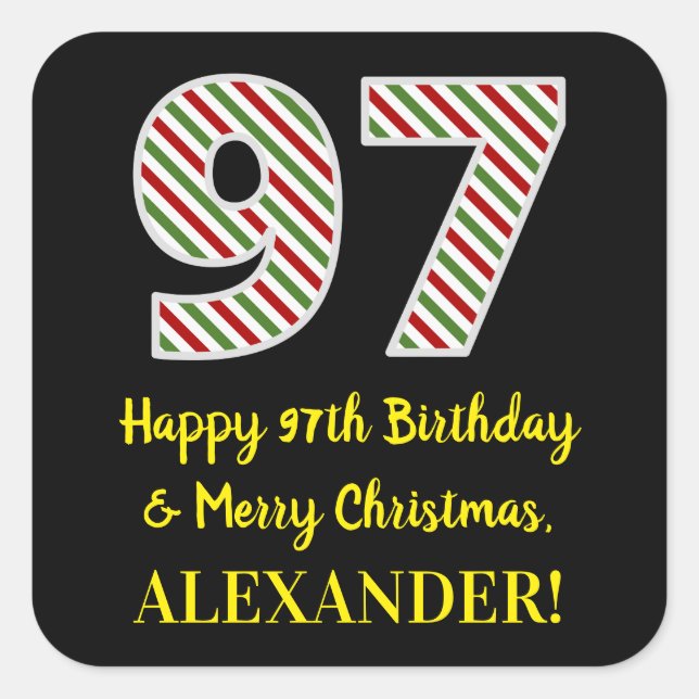 Pegatina Cuadrada Feliz cumpleaños 97 y Feliz Navidad, nombre person (Anverso)