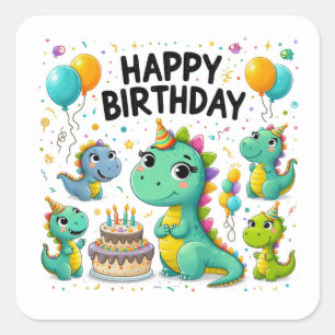 Pegatina Cuadrada Feliz cumpleaños a los dinosaurios bandidos celebr