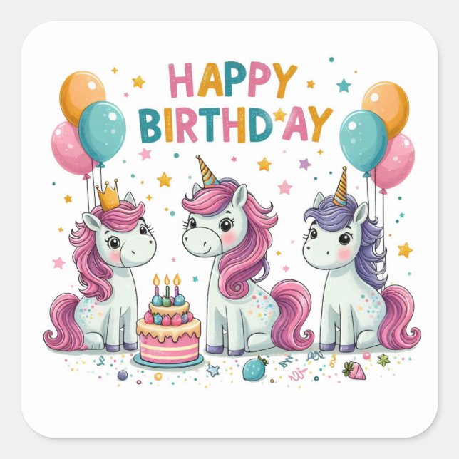 Pegatina Cuadrada Feliz cumpleaños a los unicornios más golosos (Anverso)
