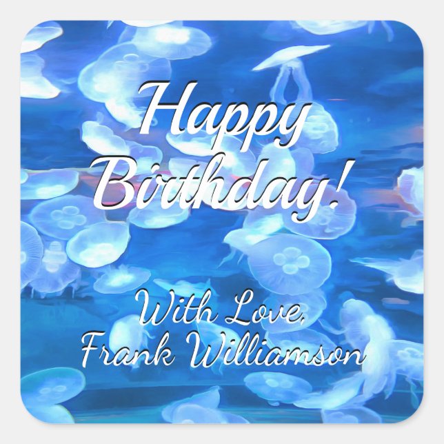 Pegatina Cuadrada Feliz cumpleaños Aquarium Jellyfish 0925 (Anverso)