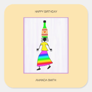 Pegatina Cuadrada Feliz cumpleaños, arte africano amable y elegante