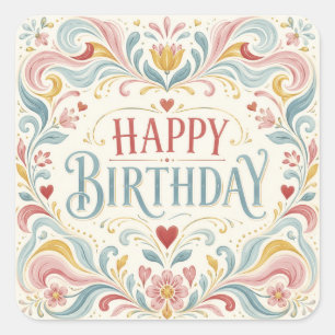 Pegatina Cuadrada Feliz Cumpleaños Arte Popular Escandinavo Florales