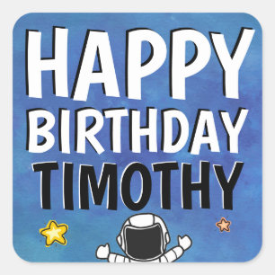 Pegatina Cuadrada Feliz cumpleaños Astronauta Fiesta del espacio ext