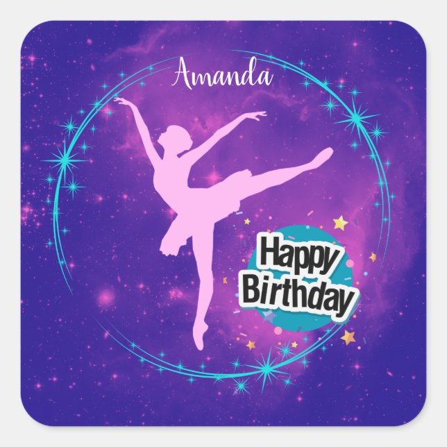 Pegatina Cuadrada Feliz cumpleaños Ballerina Galaxy personalizado (Anverso)