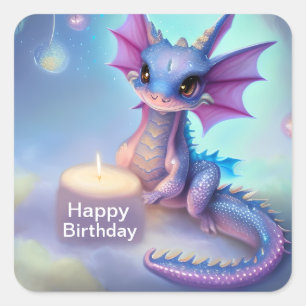 Pegatina Cuadrada Feliz cumpleaños, bebé dragón