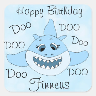 Pegatina Cuadrada Feliz cumpleaños, bebé tiburón personalizado