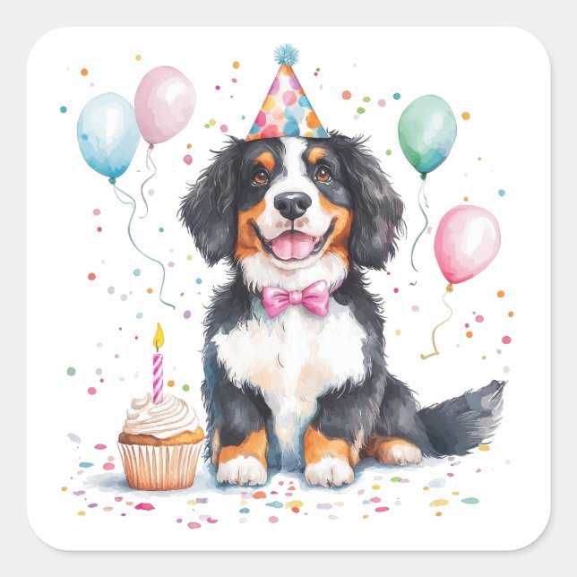 Pegatina Cuadrada Feliz Cumpleaños Bernese Mountain Dog (Anverso)