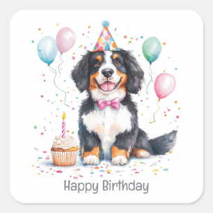 Pegatina Cuadrada Feliz cumpleaños Bernese Mountain Dog