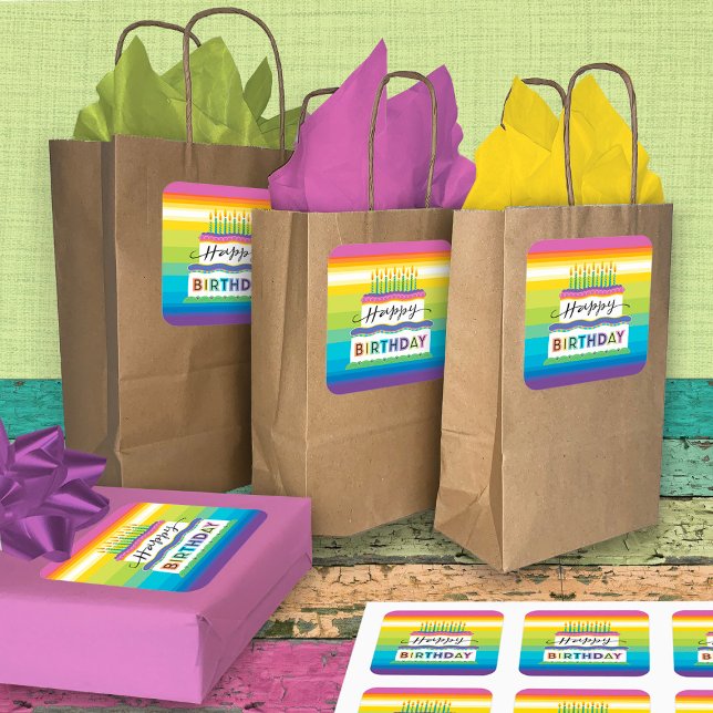 Pegatina Cuadrada Feliz cumpleaños, bizcocho blanco vibrante de colo (Subido por el creador)