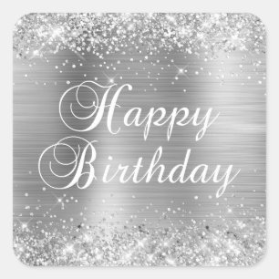 Pegatina Cuadrada Feliz Cumpleaños Brillante con Hojas de Plata