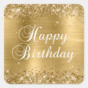 Pegatina Cuadrada Feliz Cumpleaños Brillante con Hojuela de Oro