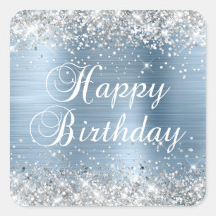 Pegatina Cuadrada Feliz Cumpleaños Brillante Plateado sobre Azul Cla