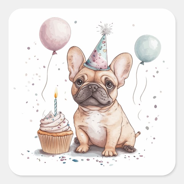 Pegatina Cuadrada Feliz Cumpleaños Bulldog Francés (Anverso)