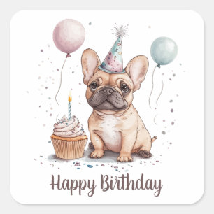Pegatina Cuadrada Feliz Cumpleaños Bulldog Francés
