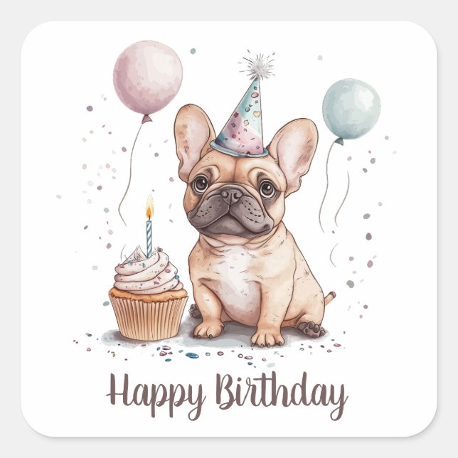Pegatina Cuadrada Feliz Cumpleaños Bulldog Francés (Anverso)