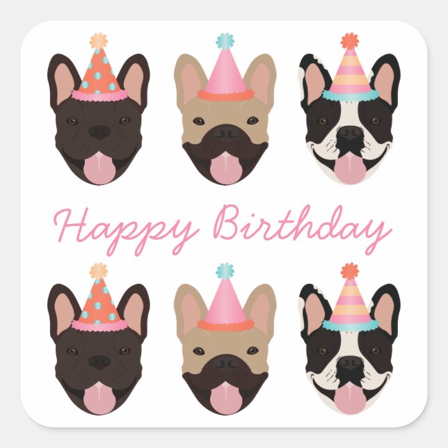 Pegatina Cuadrada Feliz cumpleaños Bulldog francés Fiestas Gorras ro (Anverso)