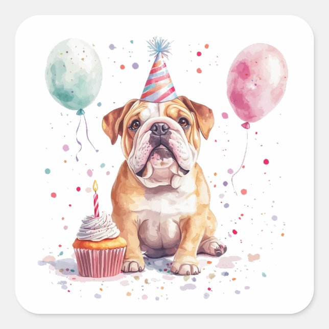 Pegatina Cuadrada Feliz Cumpleaños Bulldog Inglés (Anverso)
