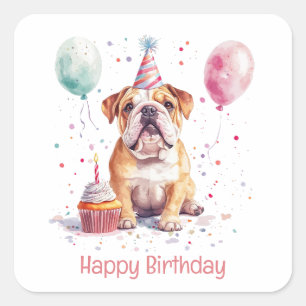 Pegatina Cuadrada Feliz Cumpleaños Bulldog Inglés