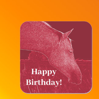 Pegatina Cuadrada Feliz cumpleaños Cabeza de Caballo Rojo Borgoña