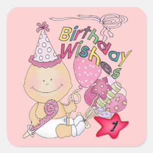 Pegatina Cuadrada Feliz cumpleaños Chica desea un año