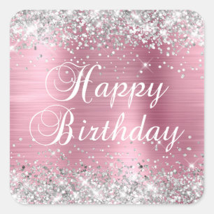 Pegatina Cuadrada Feliz Cumpleaños con Brillo Plateado sobre Foil Ro