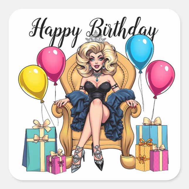 Pegatina Cuadrada Feliz cumpleaños con la Reina (Anverso)
