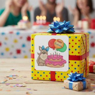 Pegatina Cuadrada Feliz cumpleaños con una pipa con globos y pastele