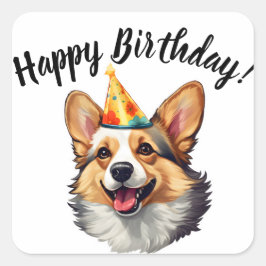 Pegatina Cuadrada Feliz cumpleaños cono Corgi