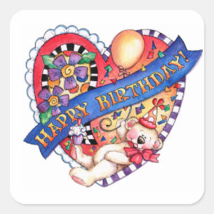 Pegatina Cuadrada Feliz cumpleaños corazón