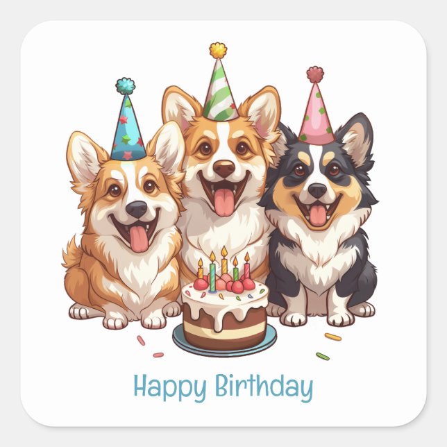Pegatina Cuadrada Feliz cumpleaños Corgi Dogs (Anverso)