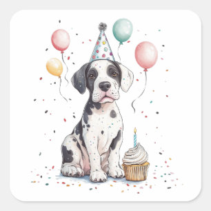 Pegatina Cuadrada Feliz Cumpleaños Cupcake de Cachorro Gran Danés