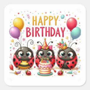 Pegatina Cuadrada Feliz cumpleaños, Cute Ladybugs celebrando