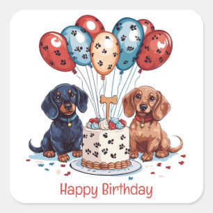 Pegatina Cuadrada Feliz cumpleaños, Dachshund Dogs