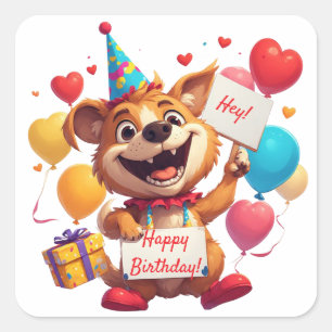 Pegatina Cuadrada Feliz cumpleaños de cachorro con globos 🎂