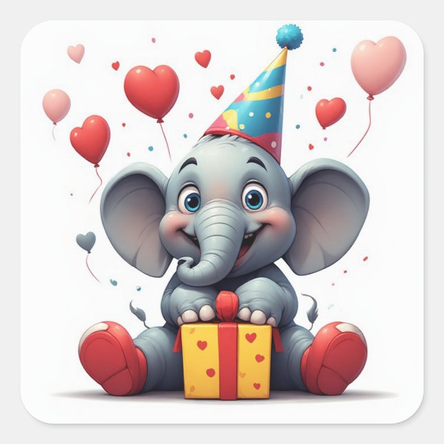 Pegatina Cuadrada Feliz Cumpleaños de Elefante con Globos 🐘 (Anverso)