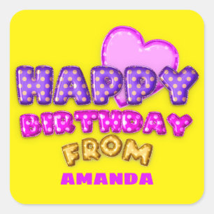 Pegatina Cuadrada Feliz cumpleaños de los Personalizados rosados de 
