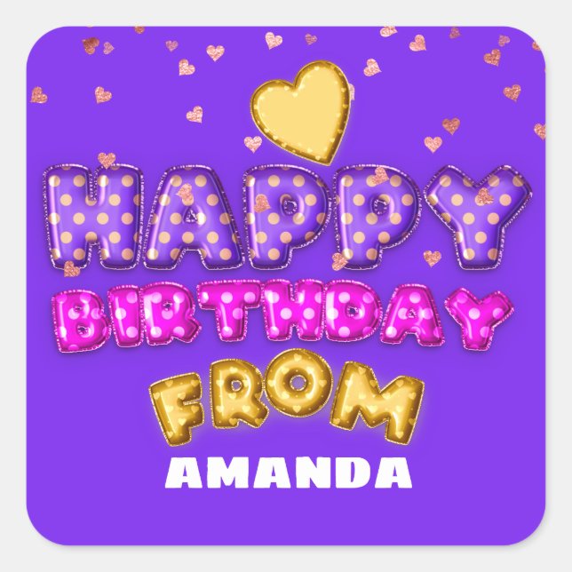 Pegatina Cuadrada Feliz cumpleaños de Name Balloons Pink Heart Comix (Anverso)