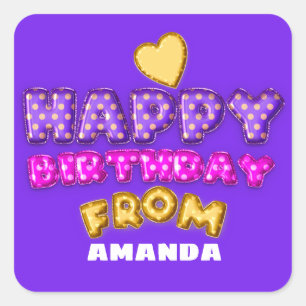 Pegatina Cuadrada Feliz cumpleaños desde el nombre de los globos azu